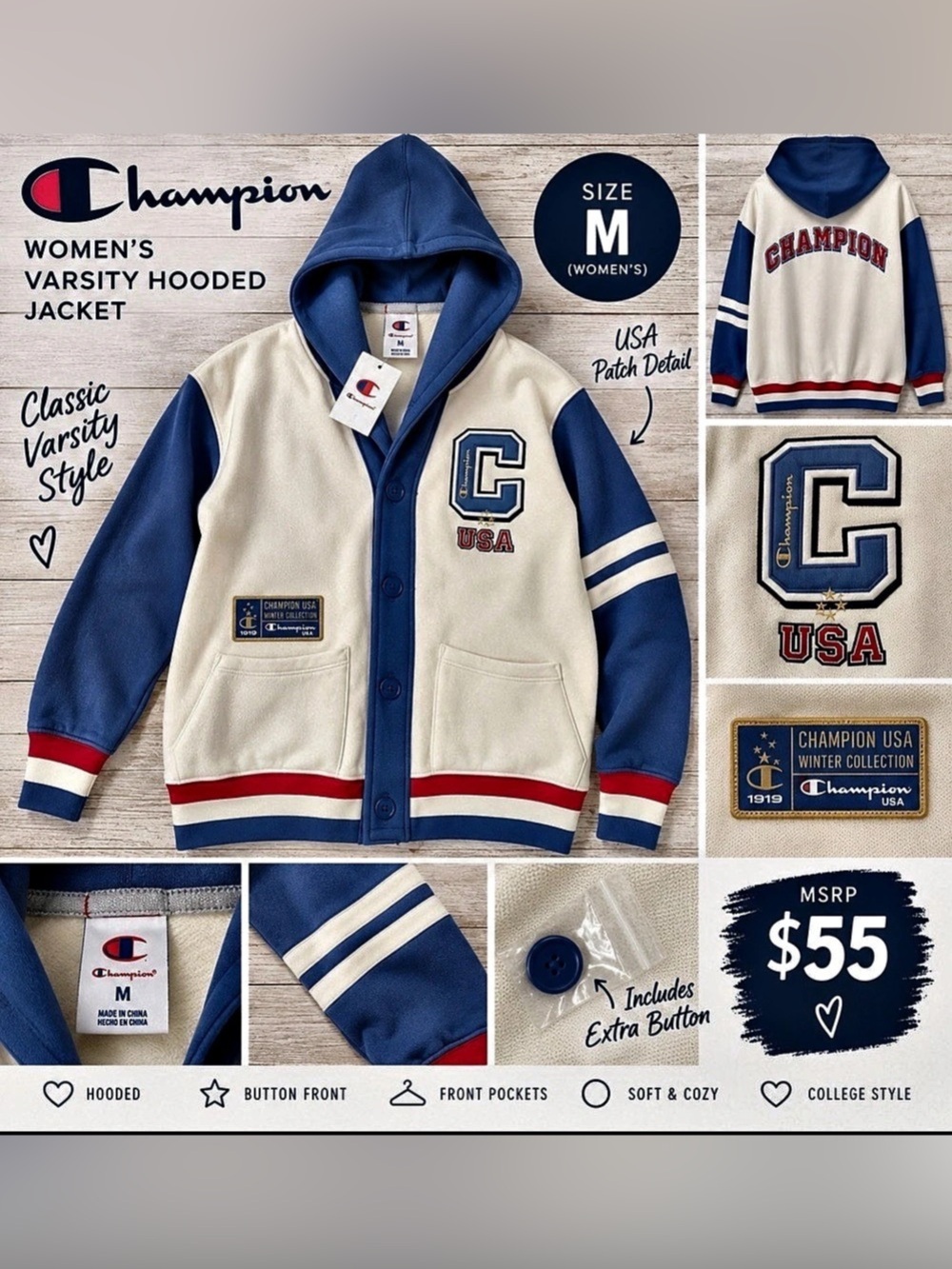 Champion Women’s Varsity Hooded Jacket – Size Medium – NWT